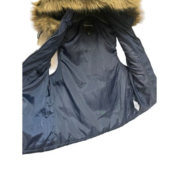 Maurices Navy Blue Hooded Puffer Vest Faux Fur Trim & Cable Knit Yoke Size‎ Med - Picture 6 of 9